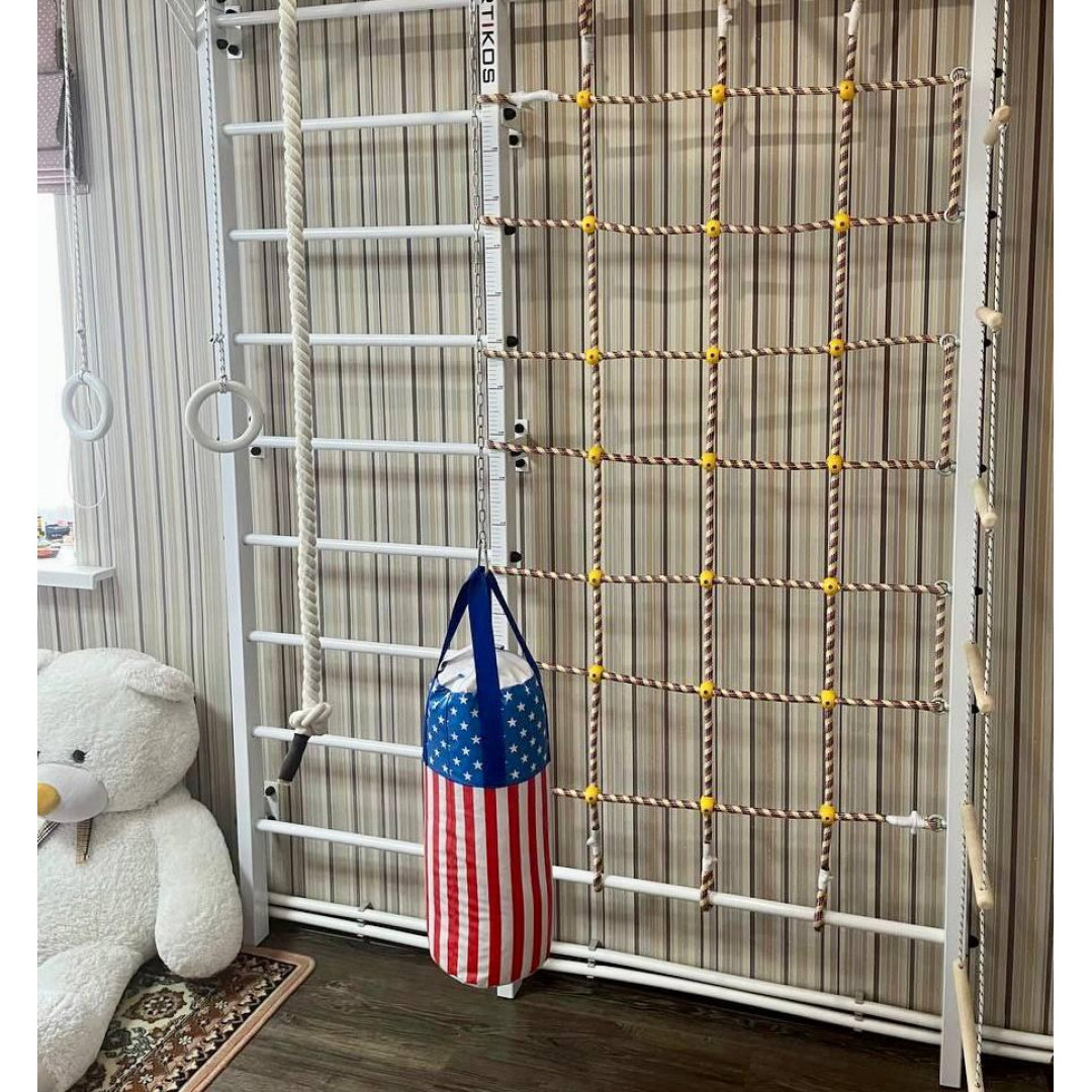 Шведская стенка с гладиаторской сеткой Spider-Man усиленная белая+разноцветные ступеньки