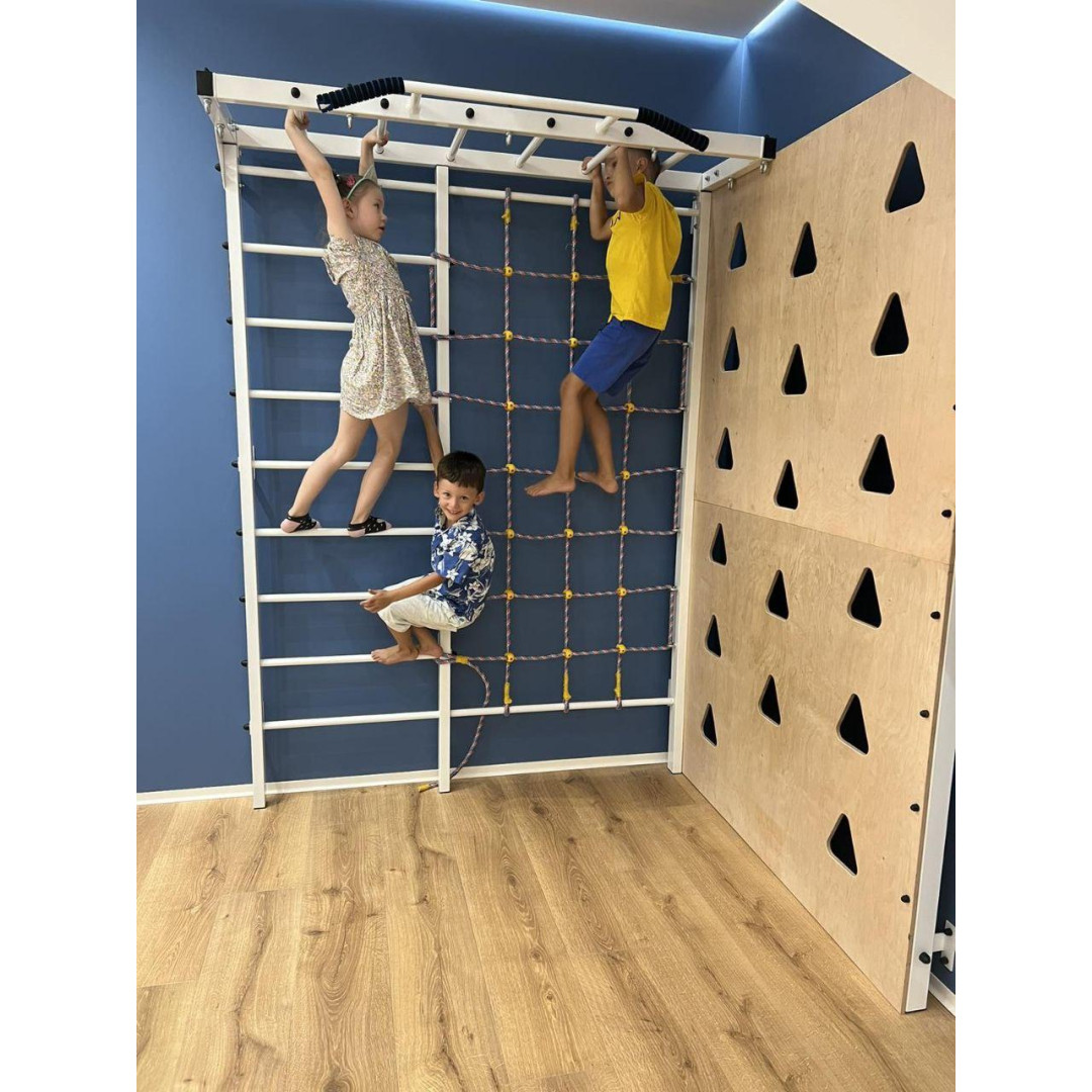 Шведська стінка біла з рукоходом, скеледромом та матом