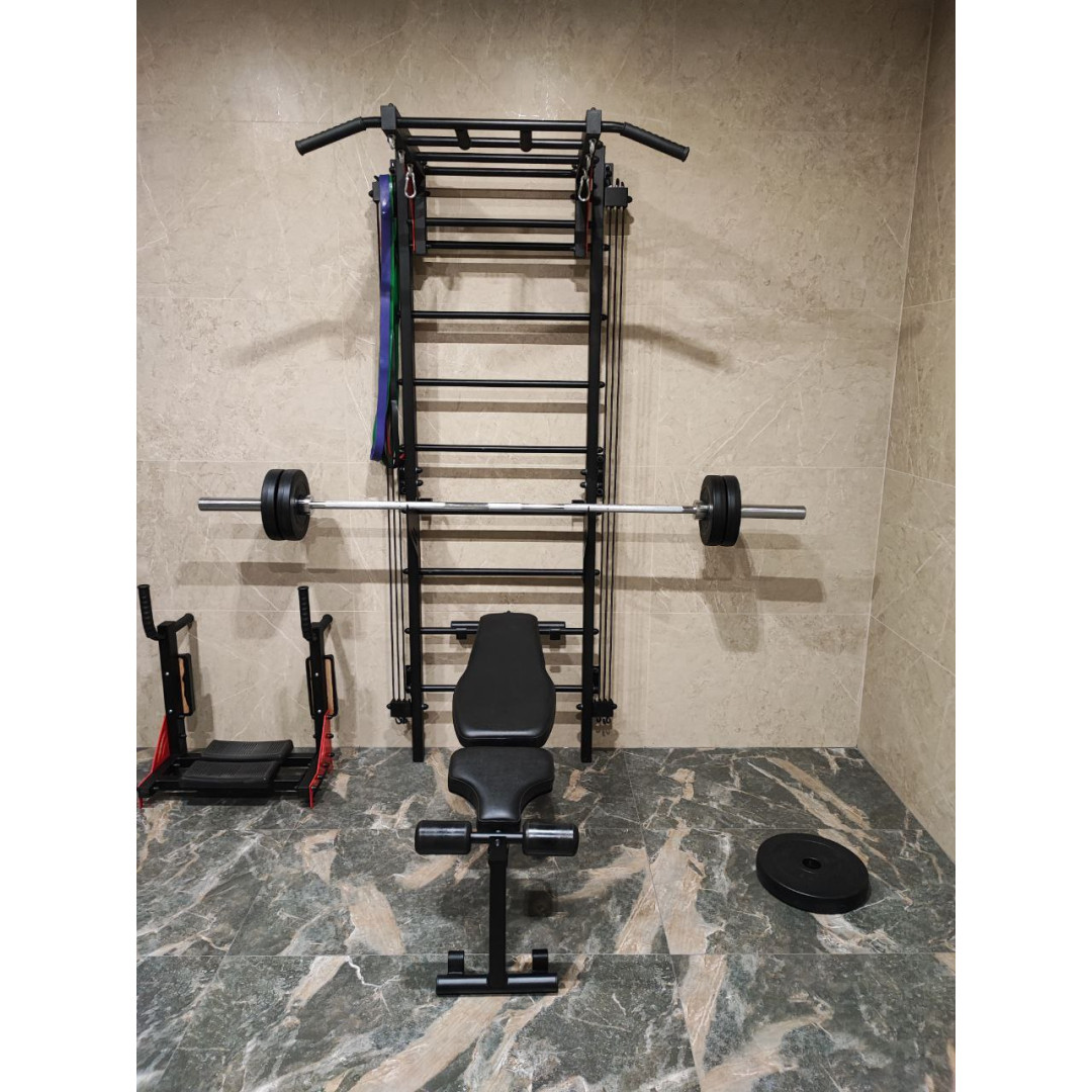 Шведська стінка з турніком, брусами та лавкою ARTIKOS посилена чорна з червоними елементами