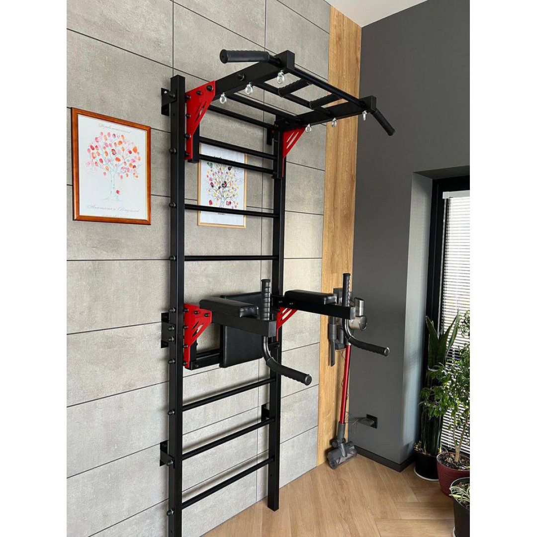 Шведська стінка з турніком, брусами та лавкою ARTIKOS посилена чорна з червоними елементами