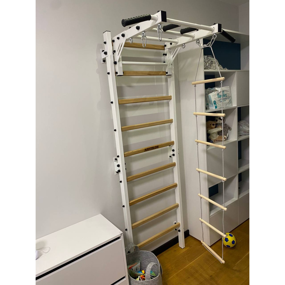 Шведська стінка з турніком і брусами чорно-біла Artikos PREMIUM