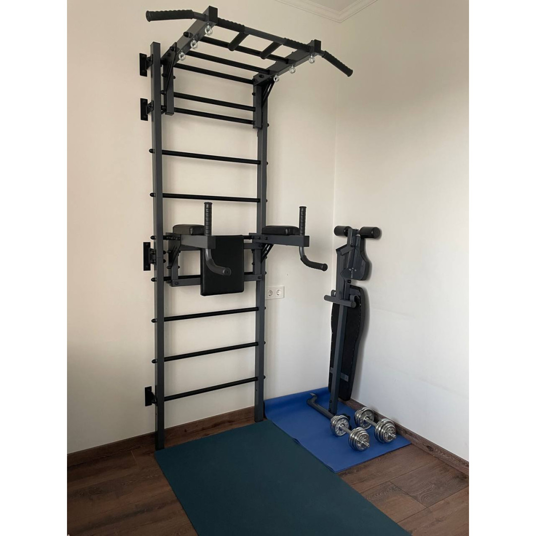 Шведська стінка з турніком, брусами та лавкою ARTIKOS посилена сіра